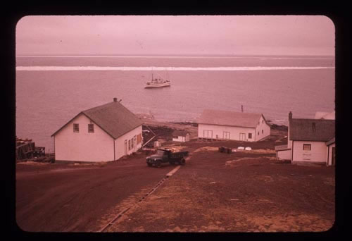 Photo of powerhouse, warehouse, Cottage F, Penguin (ship) and ice floe.