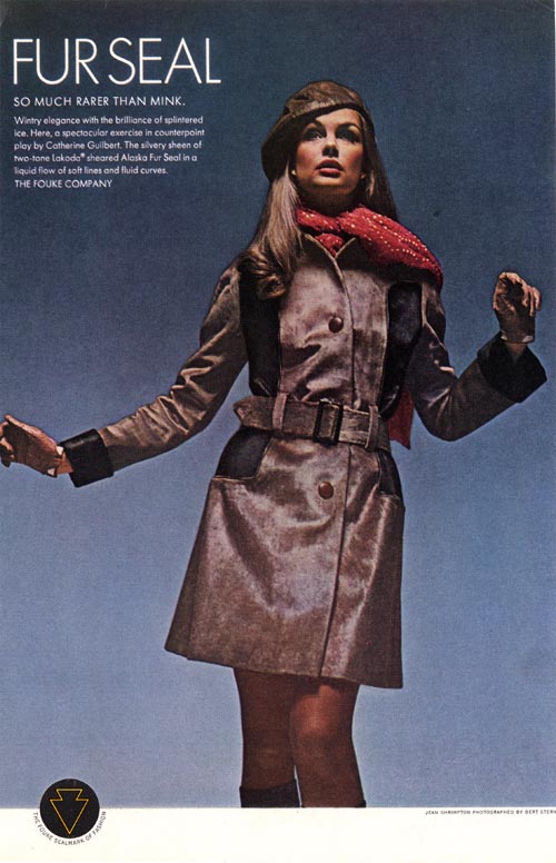 Advertisement illustration of woman in brown leather jacket with message "Fur seal, so much rarer than mink." 