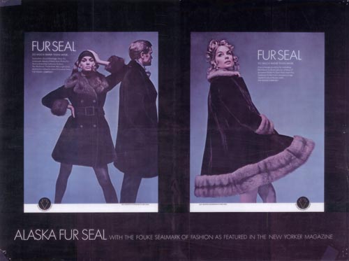 Advertisement illustration in two panels showing women in fur coats.