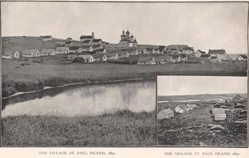 Photo of St. Paul Village in 1870 and 1891, a historic picture of a group of buildings along the water.