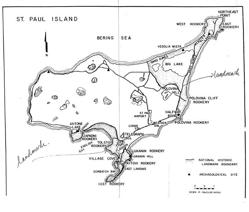 Map of National Historic Landmark area and archaeological sites on St. Paul Island.