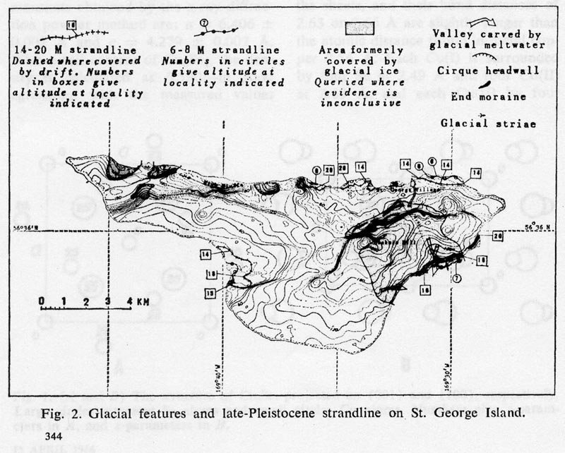 Map of glacial features and late-Pleistocene strandline on St. George Island.