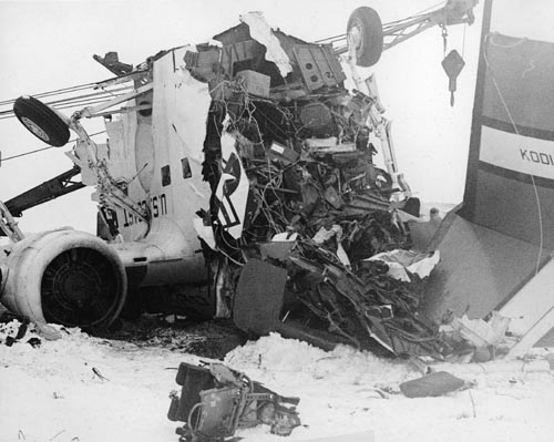Photo of wrecked airplane in the snow.