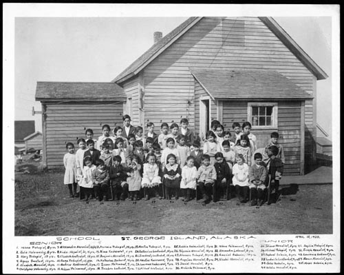 Photo of St. George schoolchildren outside the schoolhouse.