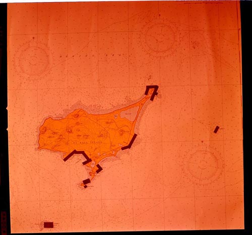 Photo of NOAA Chart 8894 (St. Paul) with flight patterns for the 1967 aerial survey shown with tape.