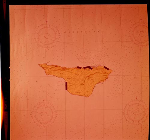 Photo of NOAA Chart 8893 (St. George) with flight patterns for the 1967 aerial survey shown with tape.