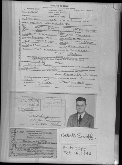 Photo of Victor B. Scheffer's personal data including birth certificate and identification card.