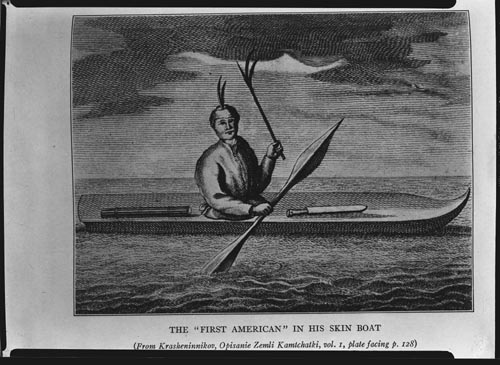 Drawing of a Native American in a skin boat.