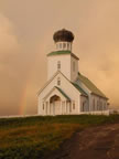 Thumbnail photo of Russian Orthodox Church with a rainbow.