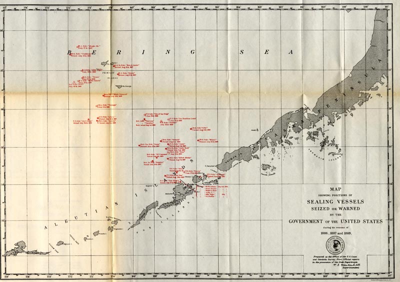 Map showing positions of sealing vessels seized or warned by the Government of the United States during the seasons of 1886, 1887, and 1889.