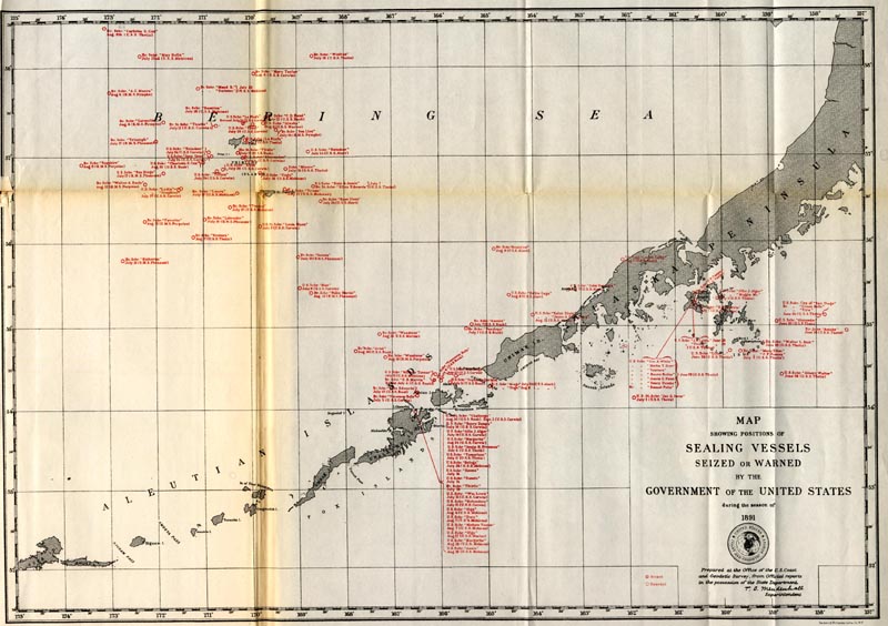 Map showing positions of sealing vessels seized or warned by the Government of the United States during the season of 1891.