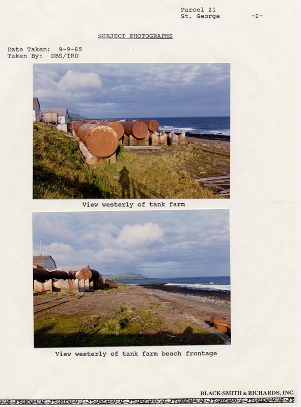 Photo group showing westerly views of rusted tanks at the tank farm and tank farm beach frontage.
