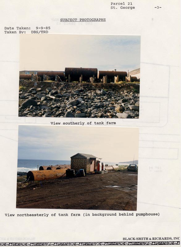 Photo group showing southerly view of rusted tanks at tank farm and northeasterly view of rusted tanks and small brick building at tank farm.