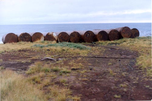 Photo of a row of rusted drums at the Abandoned City Diesel Tank Disposal Site.