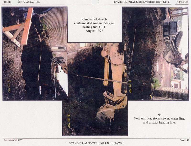 Photo group of three photos showing the removal of diesel contaminated soil and 500 -gallon heating fuel UST.