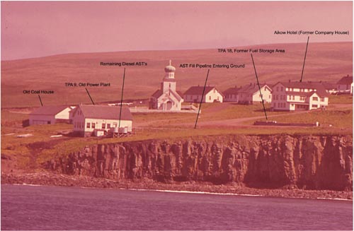 Photo of historic photograph showing the ASTs at the Old Power Plant with labeled buildings.