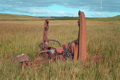 Photo of a rusted bulldozer in grassy bog prior to site remediation.