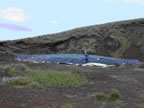 Thumbnail photo of person standing near blue tarp on hillside surveying the soil stockpile at Polovina Hill using Global Positioning System.