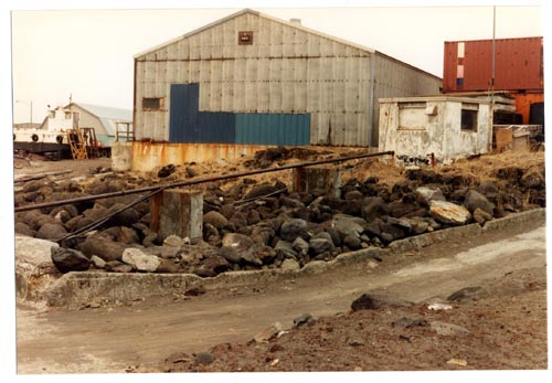 Photo of rocks and wooden material outside of a large gray building.