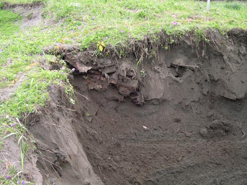 Photo of the side of a hole showing buried debris.