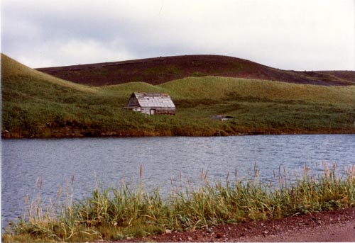 Photo of a weathered house near water.