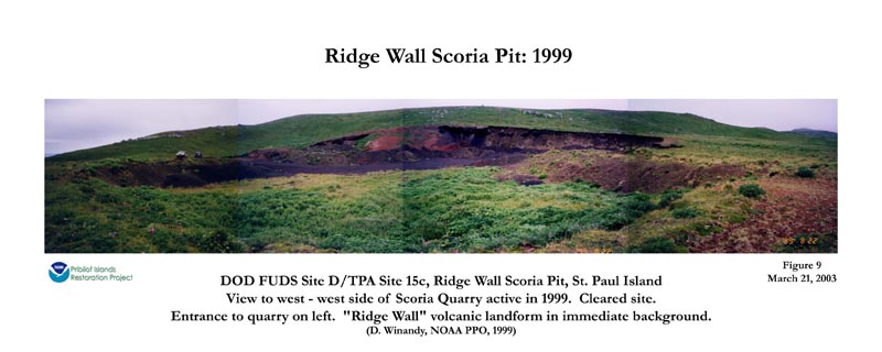 Photo of Ridge Wall Scoria Pit including quarry entrance at left and volcanic landform in immediate background.