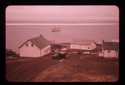 Photo of three with buildings with a small ship in the distance. Plumbing and electrical shop is center building.